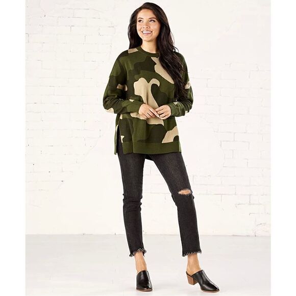 Mud Pie Camouflage Green Tan Autumn Jacquard Sweater NWT! - Picture 1 of 12